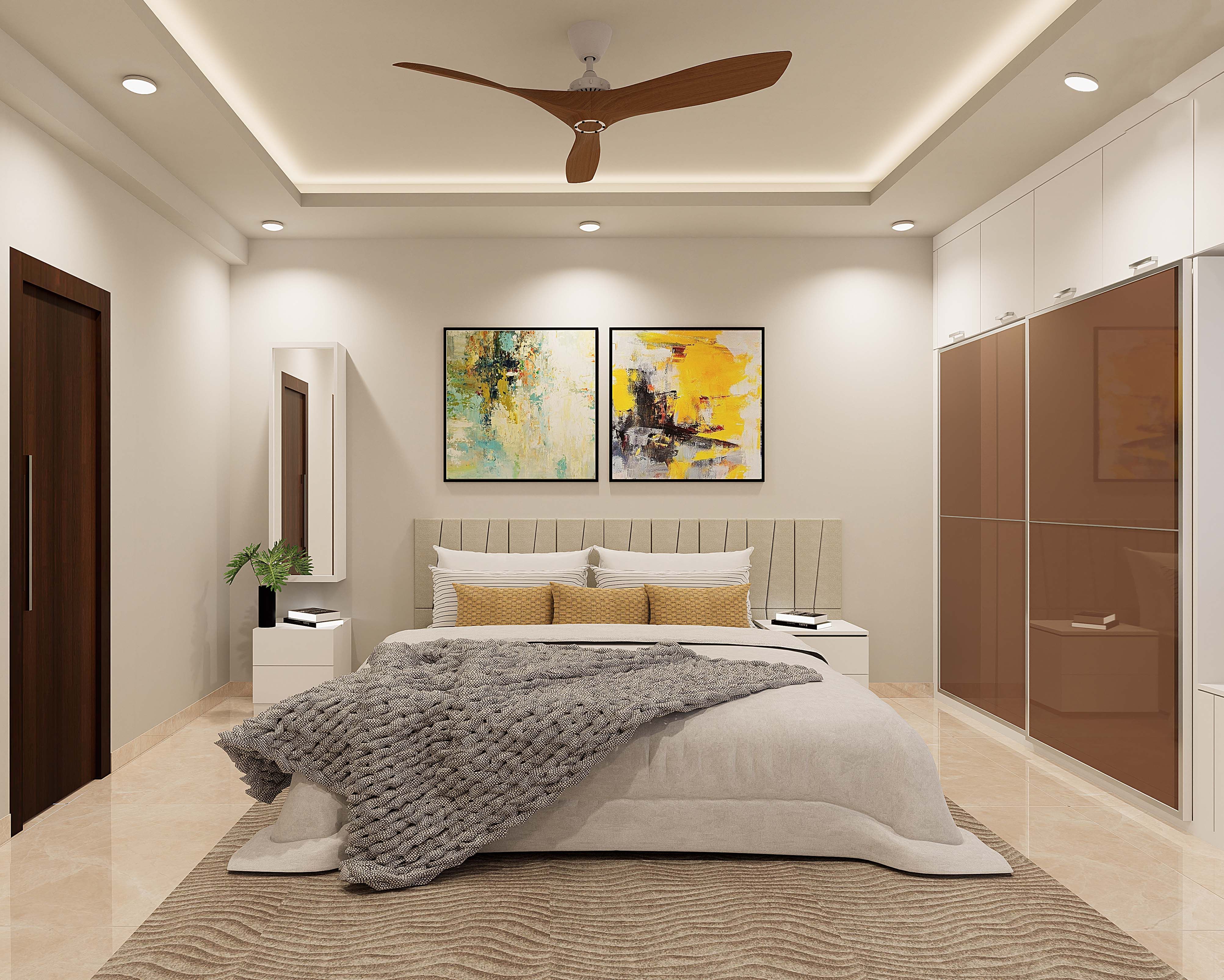 Modern Master Bedroom Design With Glossy Brown Wardrobe Design