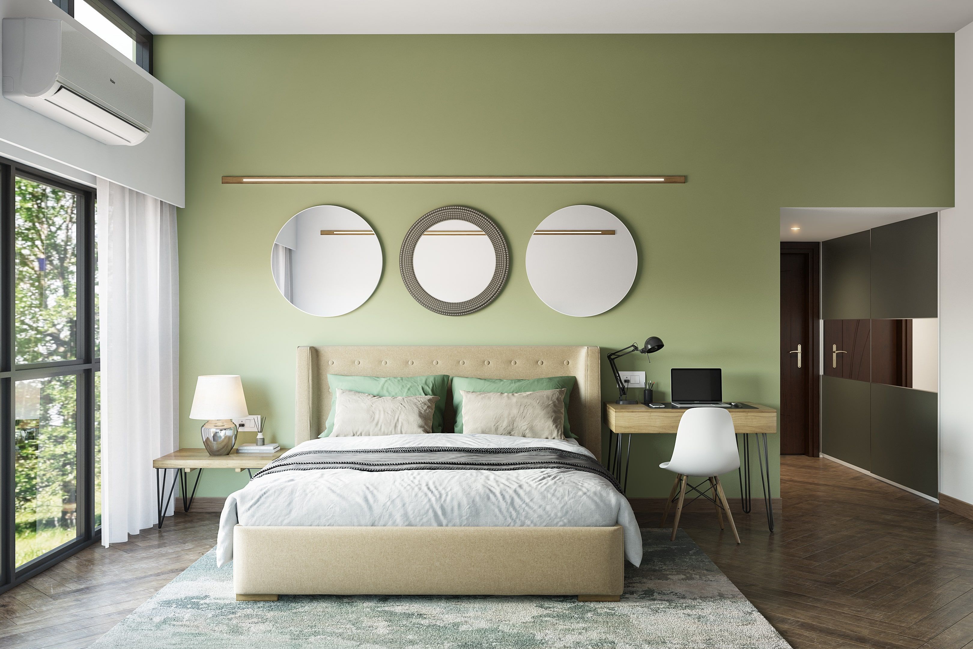 Mid-Century Modern Bedroom Design With Green Accent Wall And Study Table