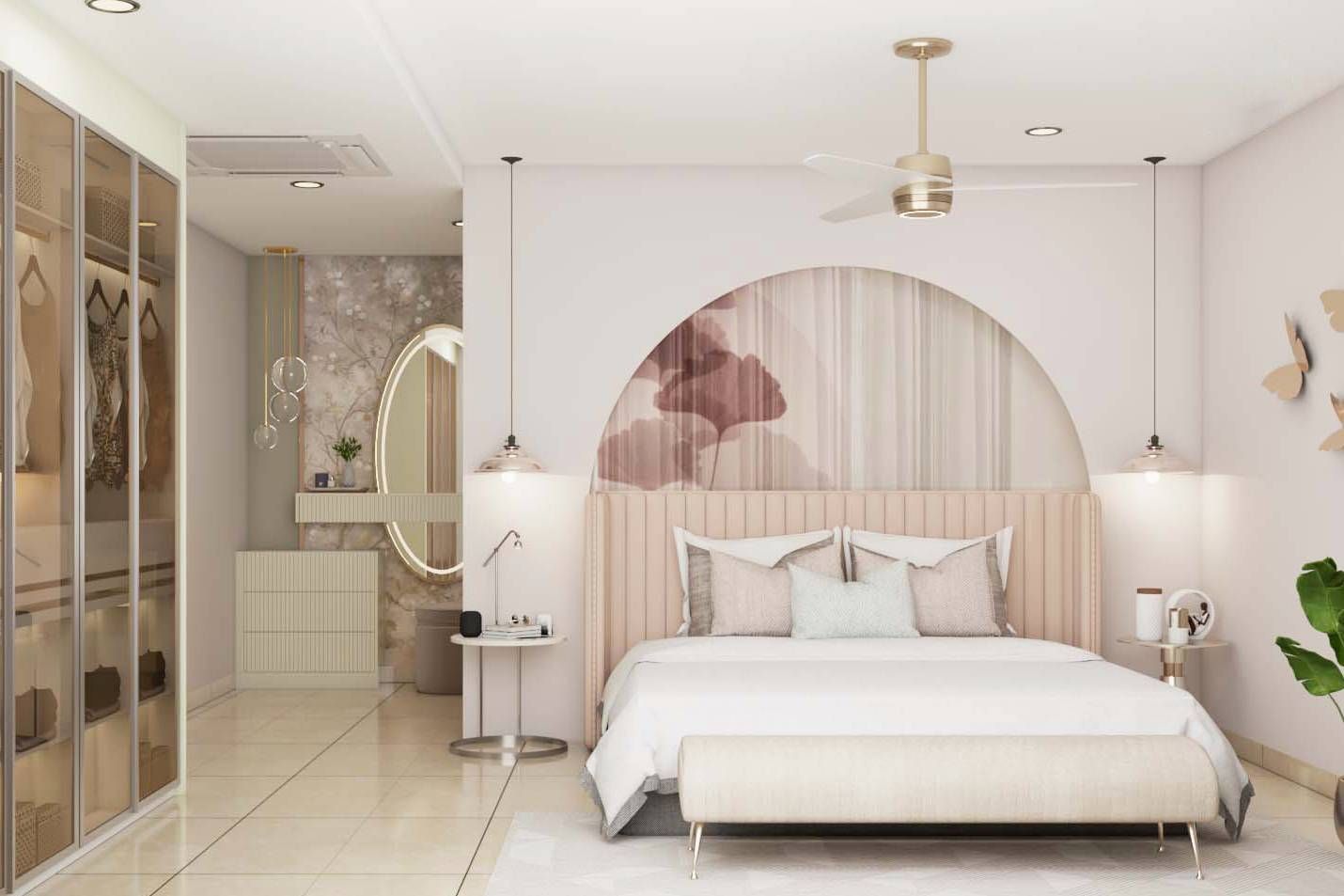 Contemporary Master Bedroom Design With Arched Wall And Floral Wallpaper