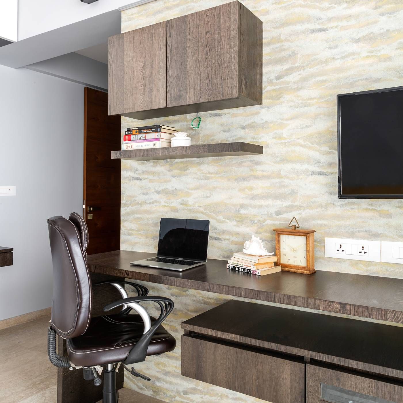 Modern Wooden Study Room Design With Integrated TV Unit