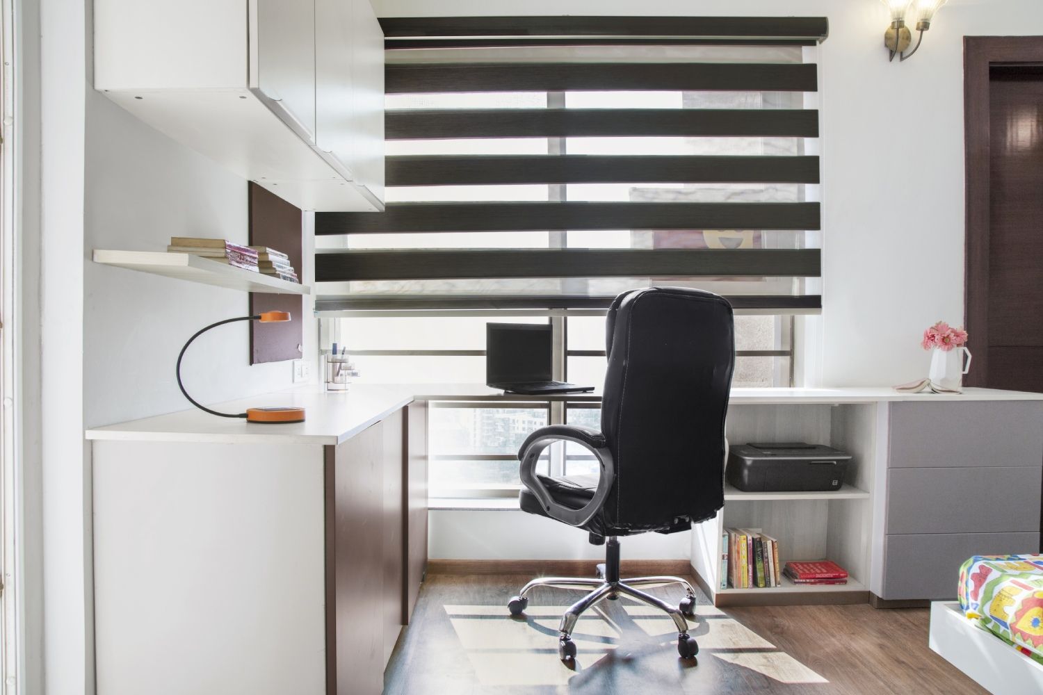 Modern Grey And White Home Office Design With Side Storage Unit