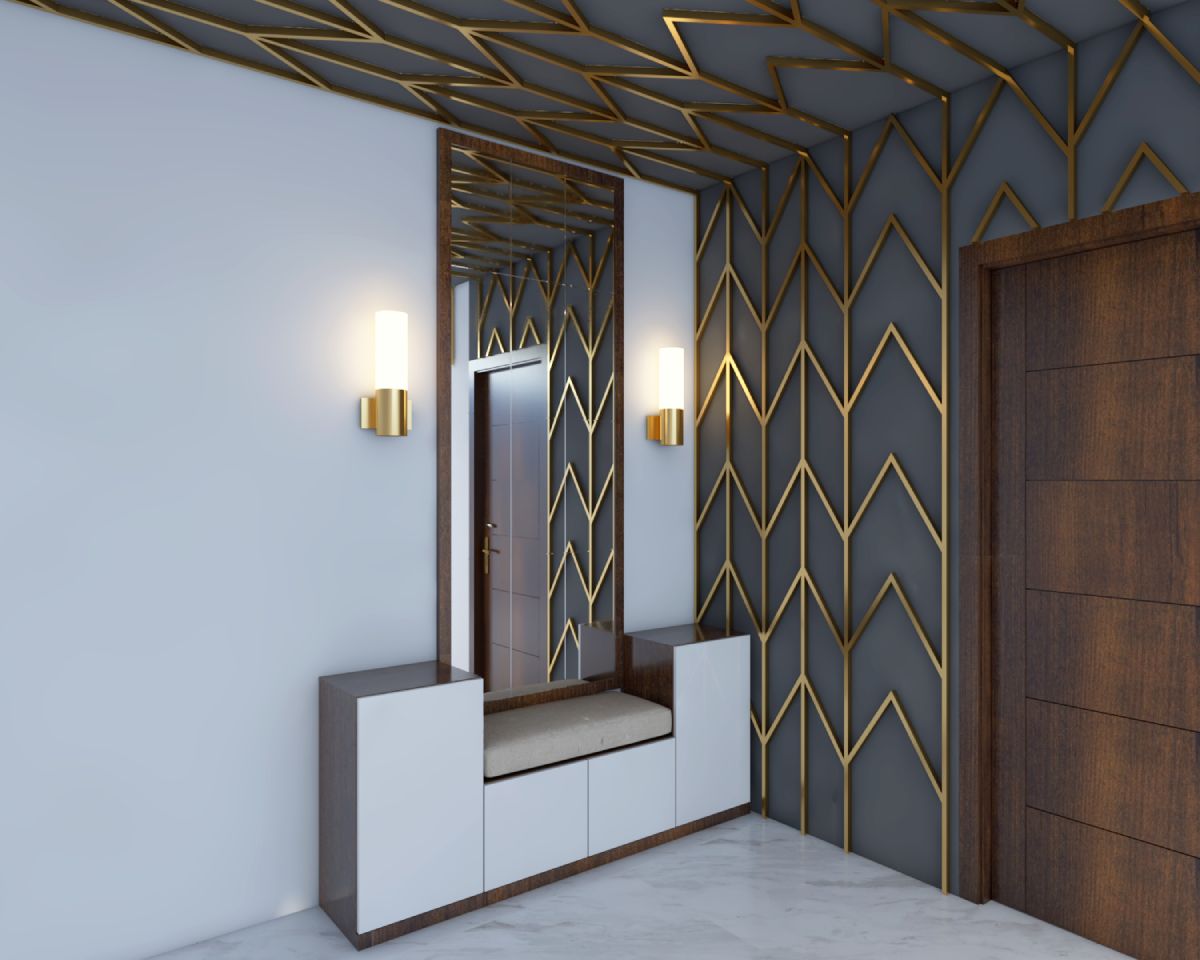 Modern Foyer Design With Rectangular Mirror And Warm Wall Lights