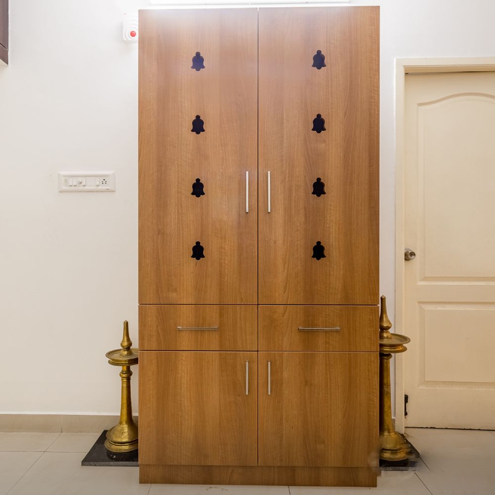 Modern Pooja Mandir Design With A Wooden Finish
