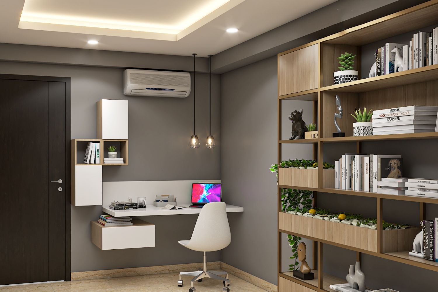 Modern Floating Frosty White And Acacia Study Room Design