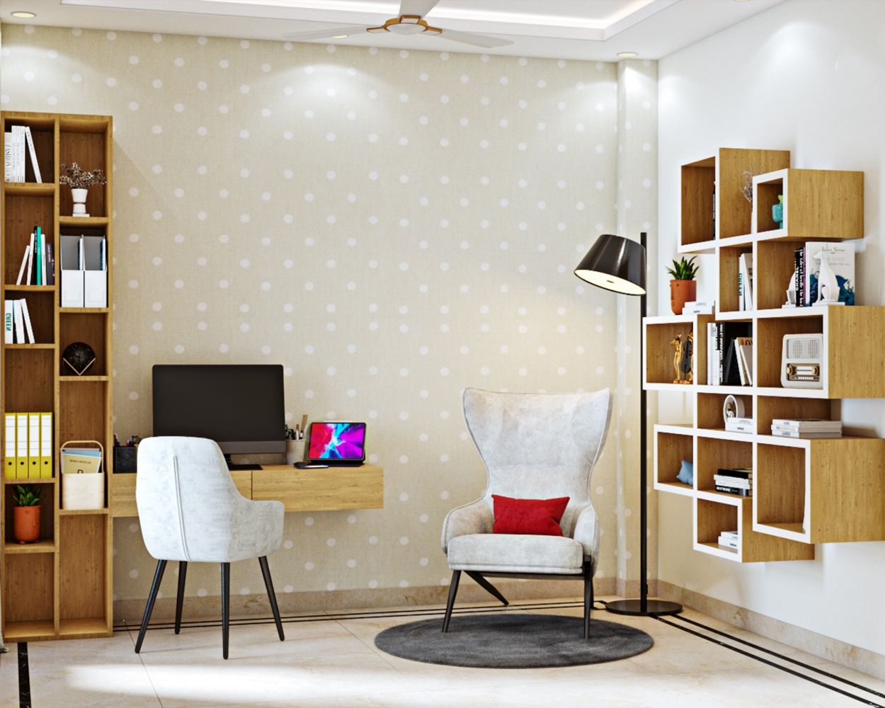 Modern Study Room Design With Polka Dot Wallpaper