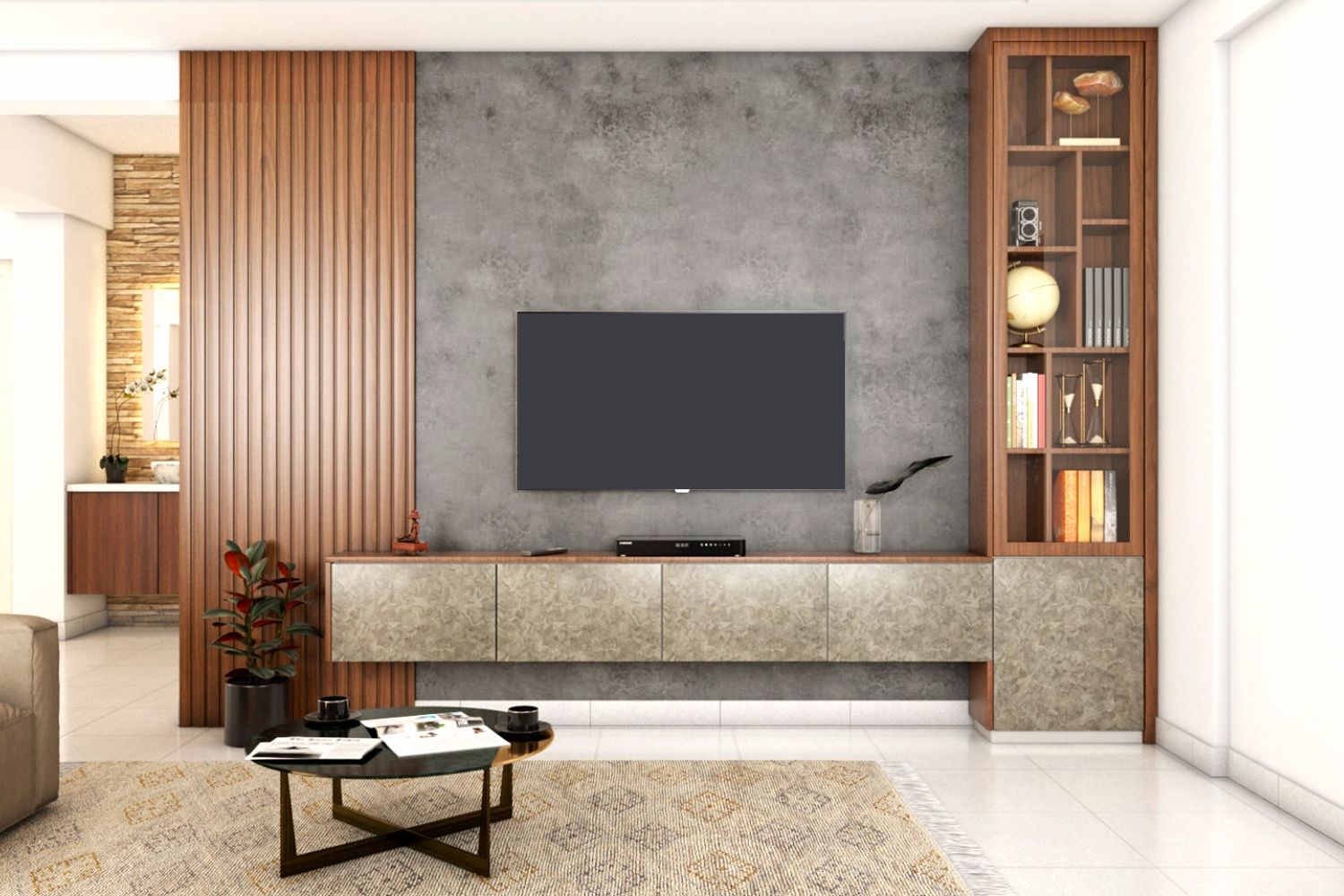Contemporary TV Unit Design With Grey Accent Wall And Wooden Fluted Panels